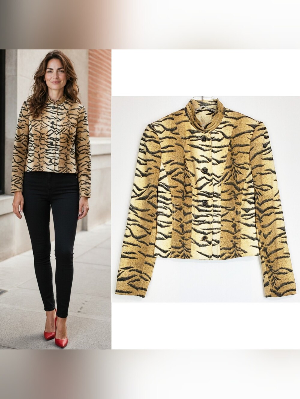Cache Alberto Makali size 4 animal print button jacket tan long sleeves classic